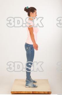 Whole body modeling pose pink t shirt blue jeans of…